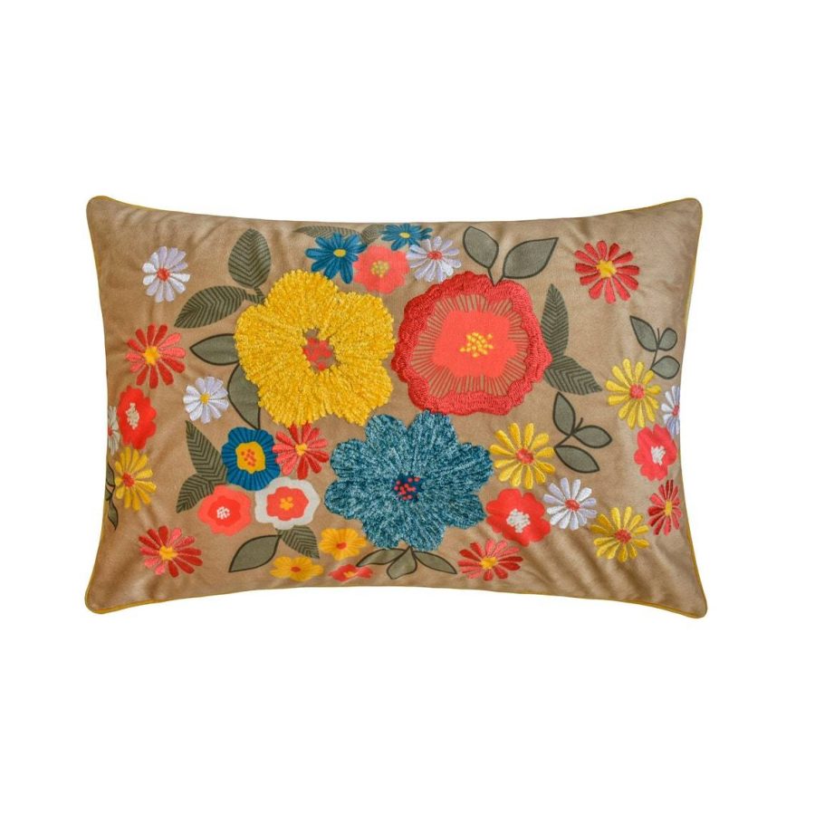 Floral Fiesta - Beige Velvet Lumbar Pillow Cover