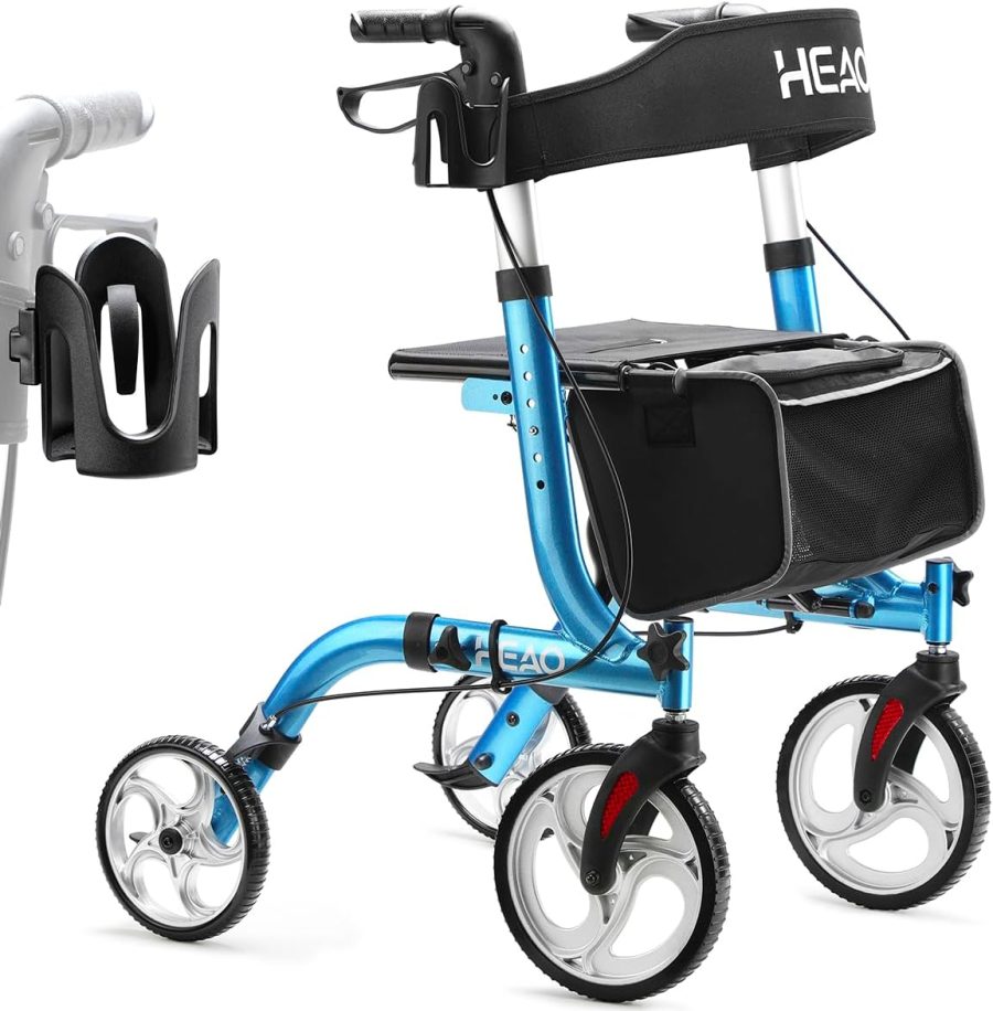 Folding Rollator Walker for Seniors with Cup Holder and 10" Wheels - Blue