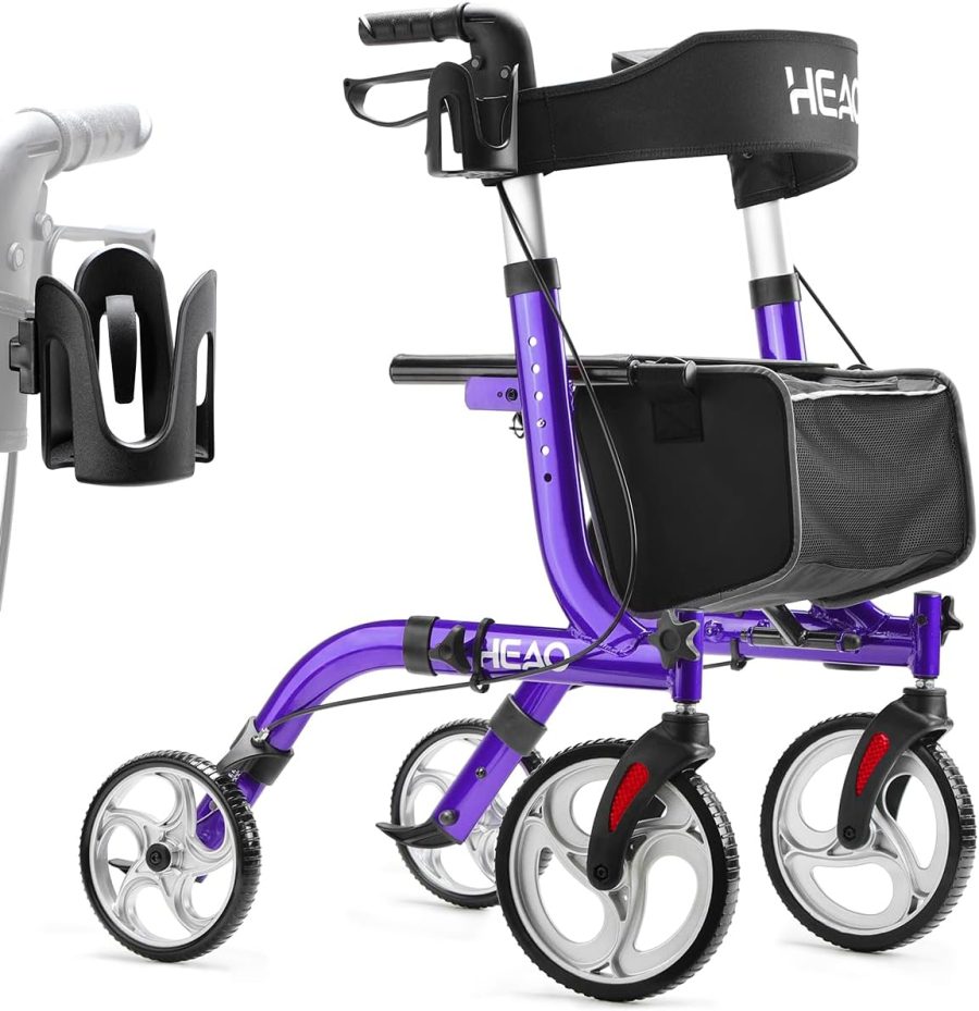 Folding Rollator Walker for Seniors with Cup Holder and 10" Wheels - Purple