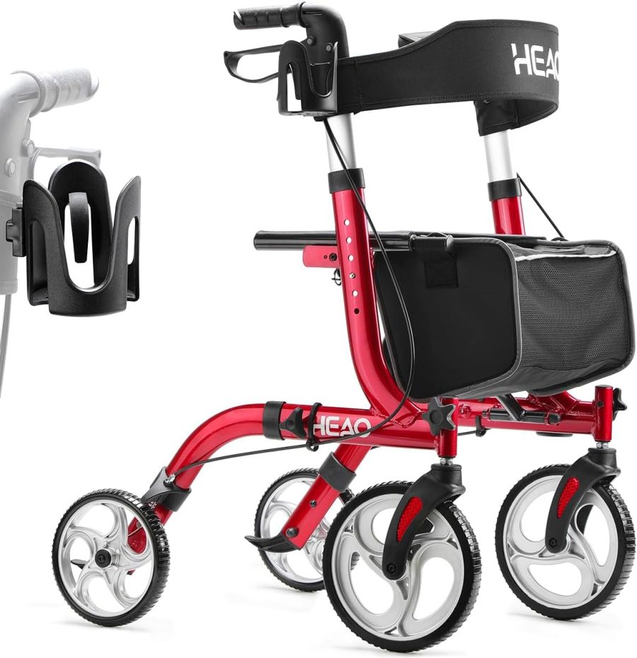 Folding Rollator Walker for Seniors with Cup Holder and 10" Wheels - Red