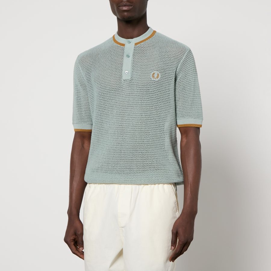 Fred Perry Henley Linen-Blend Open-Knit Polo Shirt - S