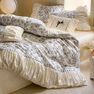 French Retro Style 100% Cotton Floral Pleated Ruffle Duvet Cover Set Bedding Set