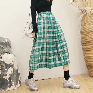 GREEN Pleated Plaid Skirt Women Girl Long Pleated Skirt