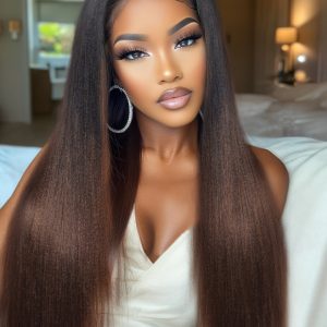 Glueless EasiContour™ V Part Black to Chestnut Brown Ombre Yaki Wig With Invisi Drawstring