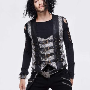 Gothic Punk Men's Jacquard Patchwork Ves Clothing Waistcoat Costumes Silver Top