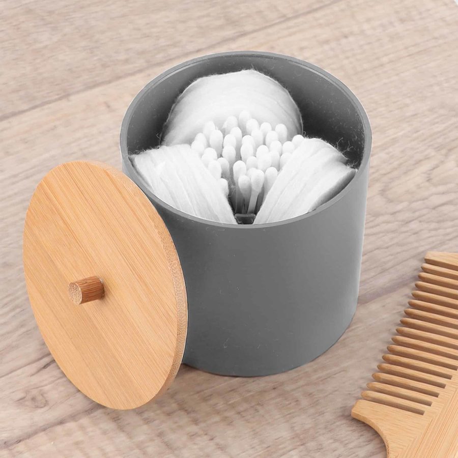 Gray Cotton Pad and Q-Tip Holder Padang with Bamboo Top - Organize in Style, Bat