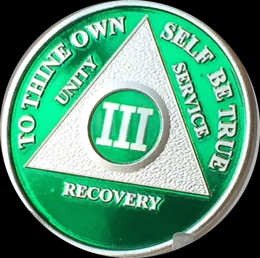 Green & Silver Plated 3 Year AA Chip Alcoholics Anonymous Medallion Coin Three