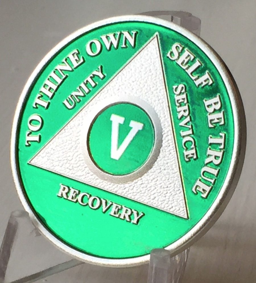 Green & Silver Plated 5 Year AA Chip Alcoholics Anonymous Medallion Coin Five