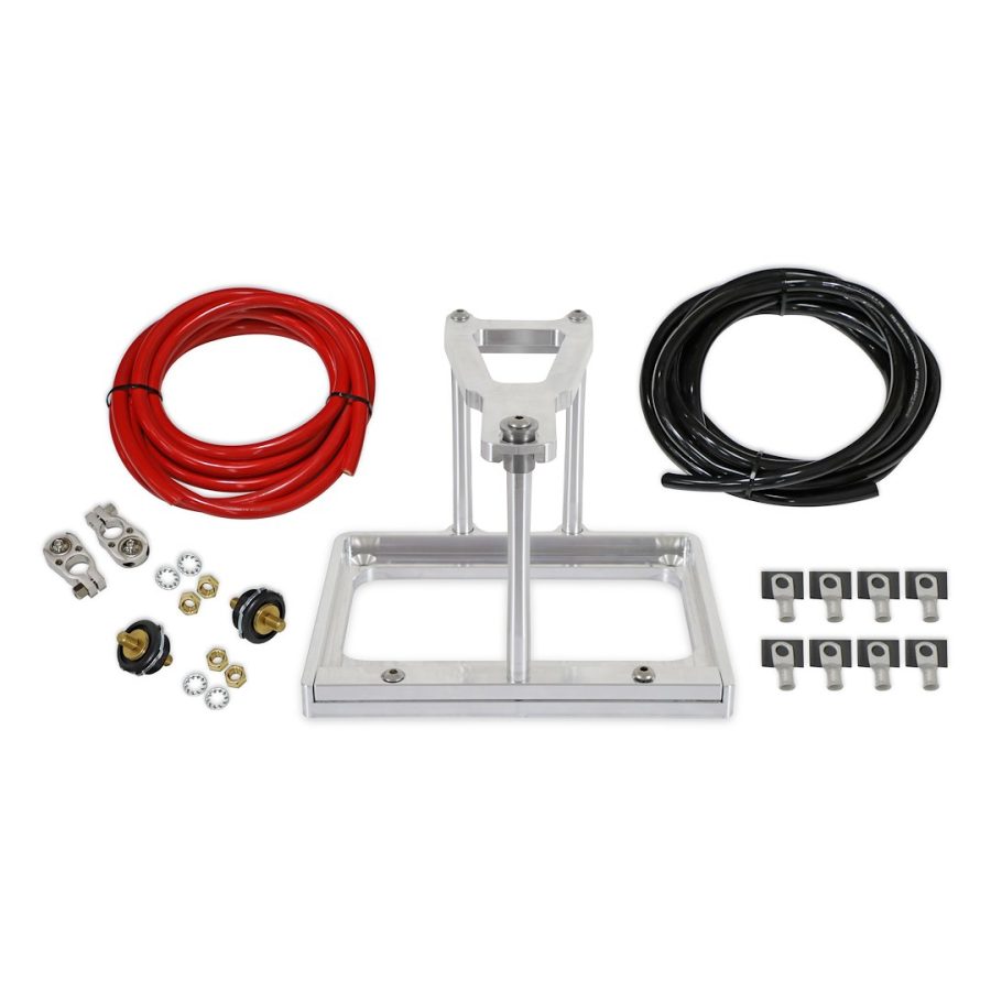 HOLLEY 120107DS BATTERY RELOCATION KIT W/ HARDWARE, Fits Optima/ Odyssey/ Group 34/78 Series Batteries; Includes Stainless Steel Fasteners/ Hardware; 18 Foot Of 2 GA Red Cable/ 18 Foot Of 2 GA Black Cable; Natural; Stainless Steel Hardware