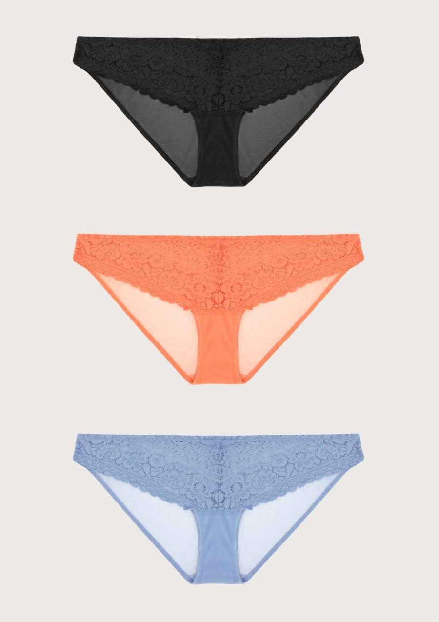 HSIA Leaf Flower Lace Bikini Panties 3 Pack - S / Black+Orange+Blue