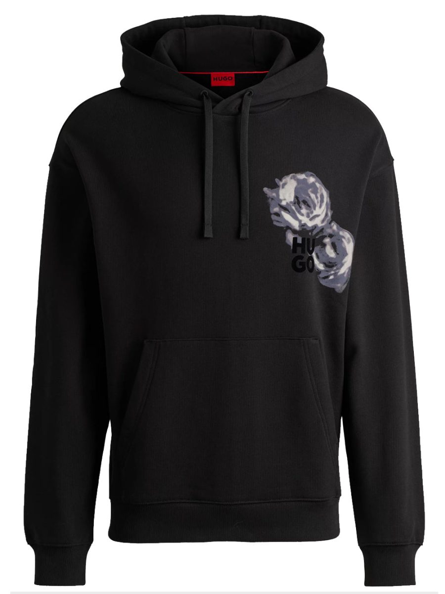 HUGO Floral Logo Graphic Print Cotton Hoodie Black