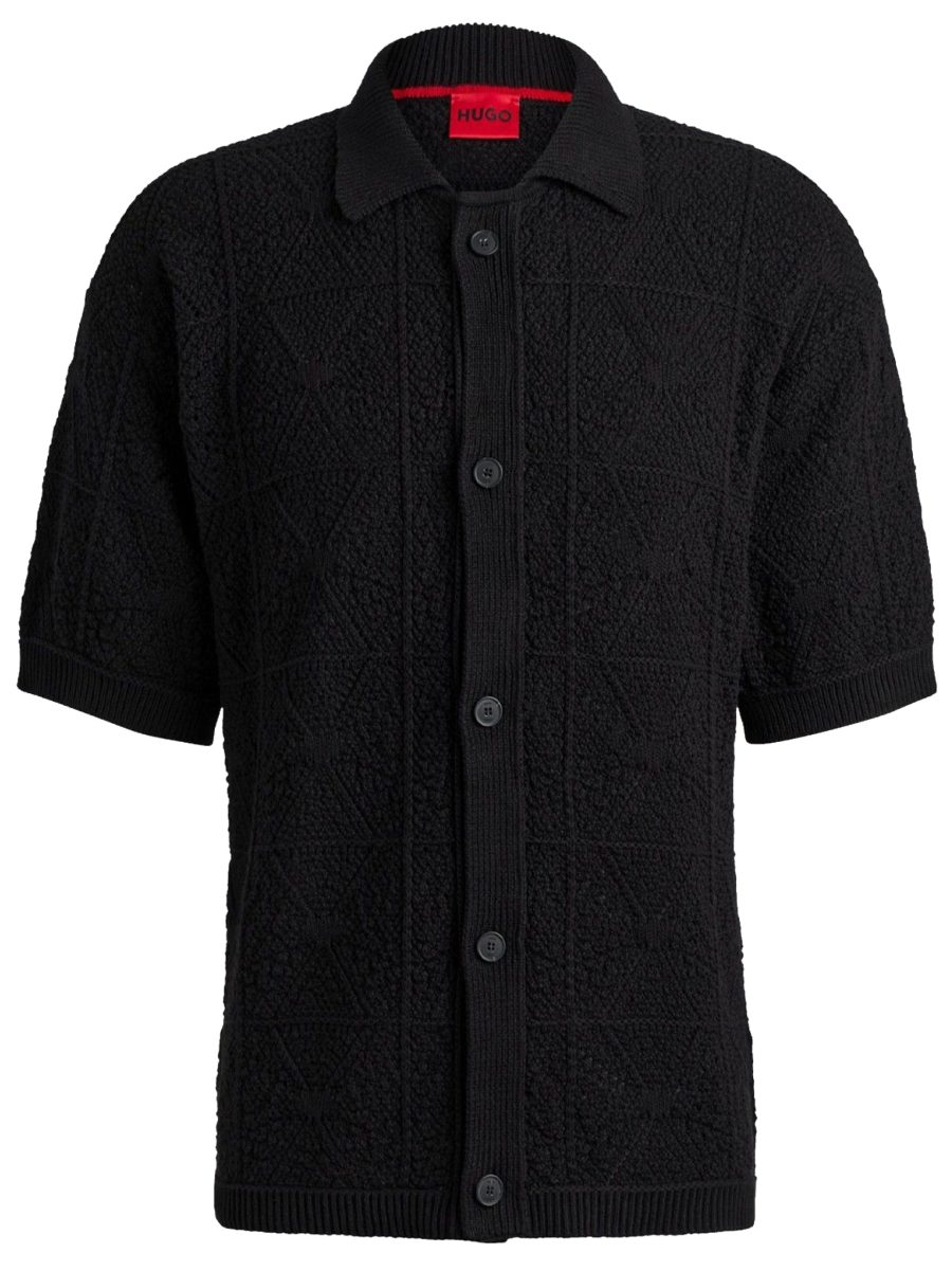 HUGO Relaxed-fit Short-sleeved Cardigan Shirt In Crochet Cotton Black