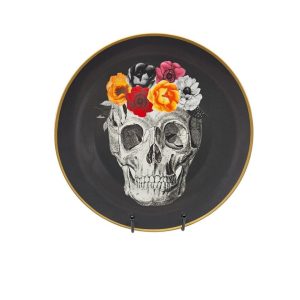 Harvest Green Studio Floral Skull Dinner Plates Made in England Black Orange Red