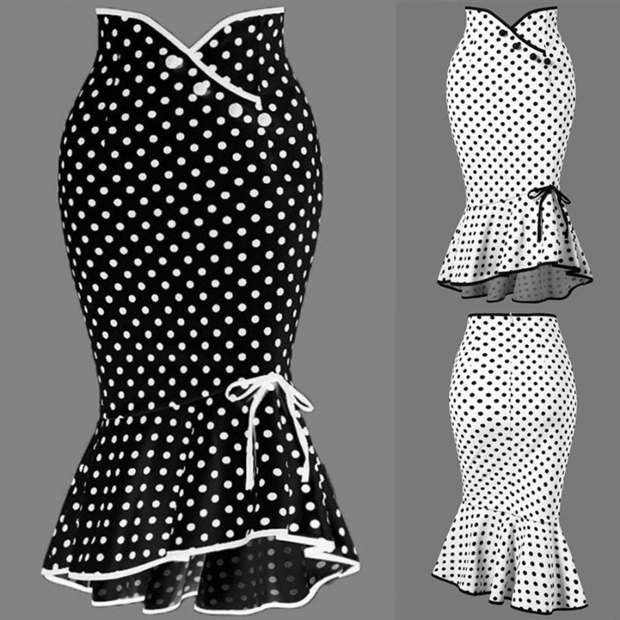 High Waist Polka Dot Midi Mermaid Trumpet Skirts