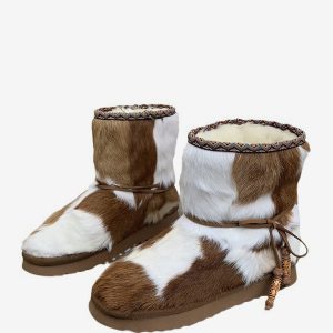 Horse Hair Ankle Boots Women's Round Toe Winter Snow Boots