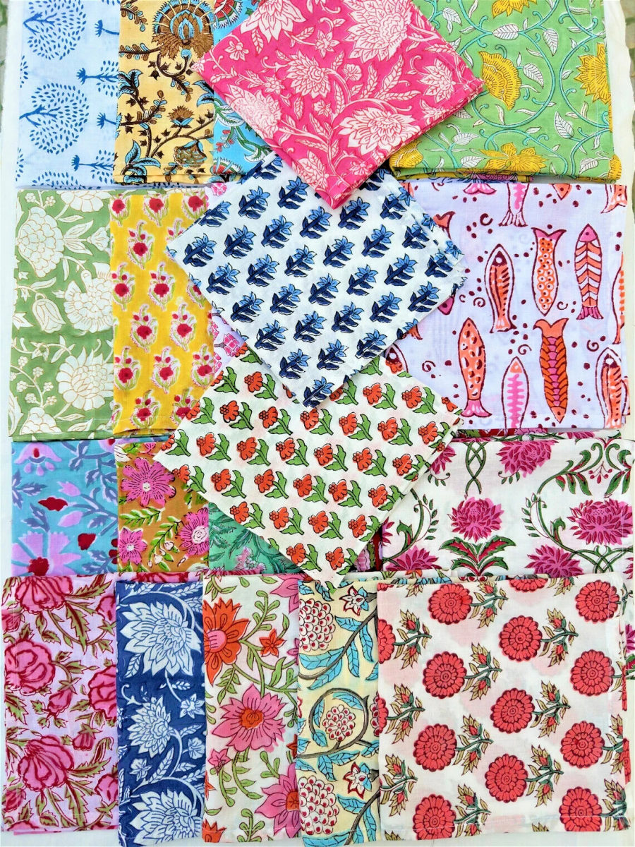 Indian Hand Block Print 100%Cotton Voile Fabric Napkins Set 24 Pc Floral Assort