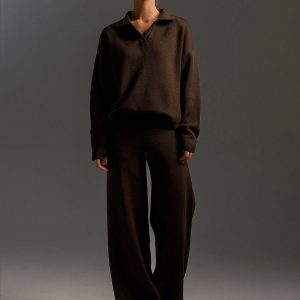 Knit Pant Set Drop Shoulder Pullover And Wide Leg Trousers For Women