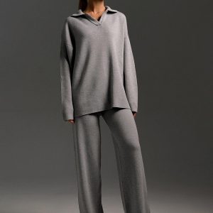 Knit Pant Set Drop Shoulder Pullover And Wide Leg Trousers For Women