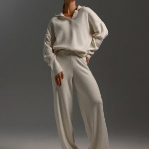 Knit Pant Set Drop Shoulder Pullover And Wide Leg Trousers For Women