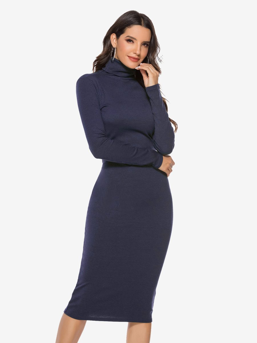 Knitted Dress For Women Comfy Polyester Long Sleeves High Collar