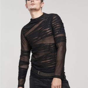 Knitted T-shirt Punk Style Top Long Sleeve Pullover See-through Trendy Shirts