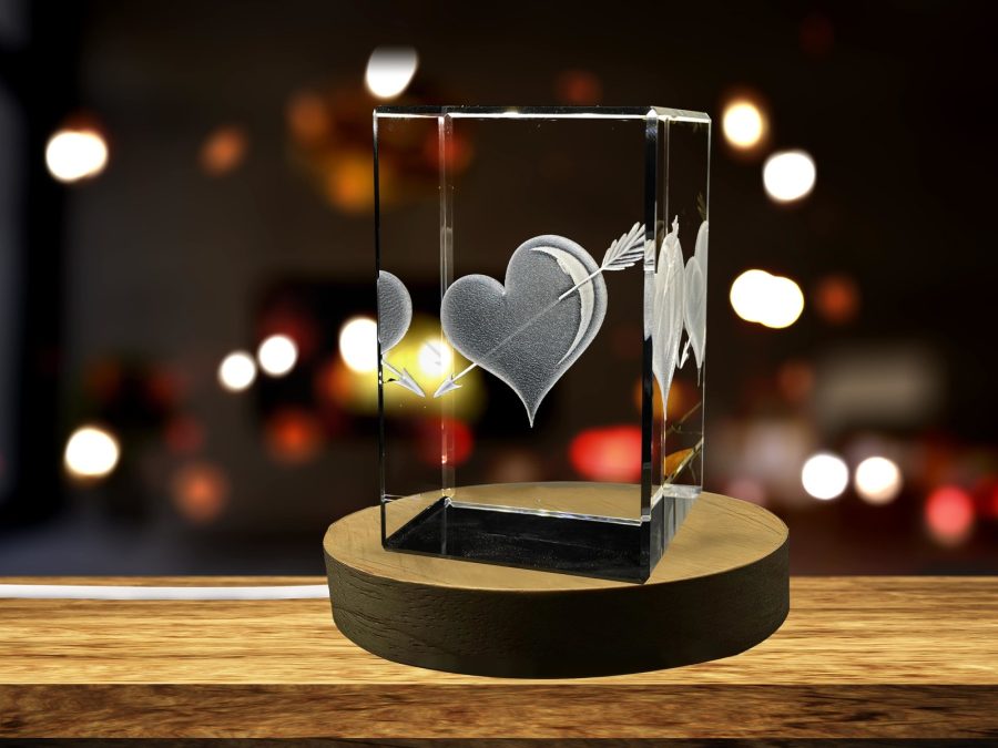 LED Base included | Cupid's Arrow Heart 3D Engraved Crystal Anniversary Gift