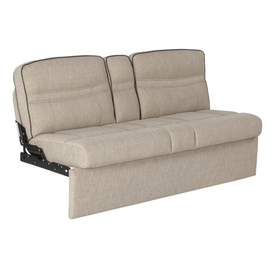 LIPPERT 2020129836 JACKNIFE SOFA-62, Jack Knife; 62 Inch Width x 30 Inch Depth x 34 Inch Height Overall; 59 Inch Width x 20 Inch Depth x 19 Inch Height Seating Surface Size; 59 Inch Width x 42 Inch Depth x 19 Inch Height Sleeping Surface Size