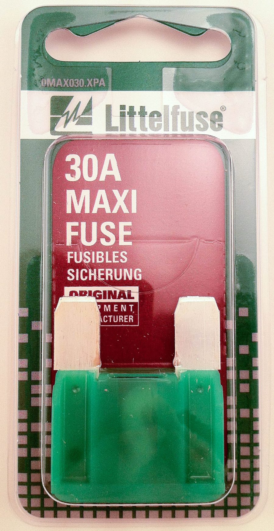 LITTELFUSE MAX30BP MAXIFUSE 5 CDS/PACK 30A, Green Blade; 30 Amp; Slow Blow; Pack Of 5; Carded