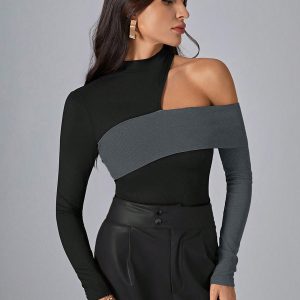 Long Sleeves Tees Black Polyester Color Block Asymmetrical Designed Neckline Women T Shirt