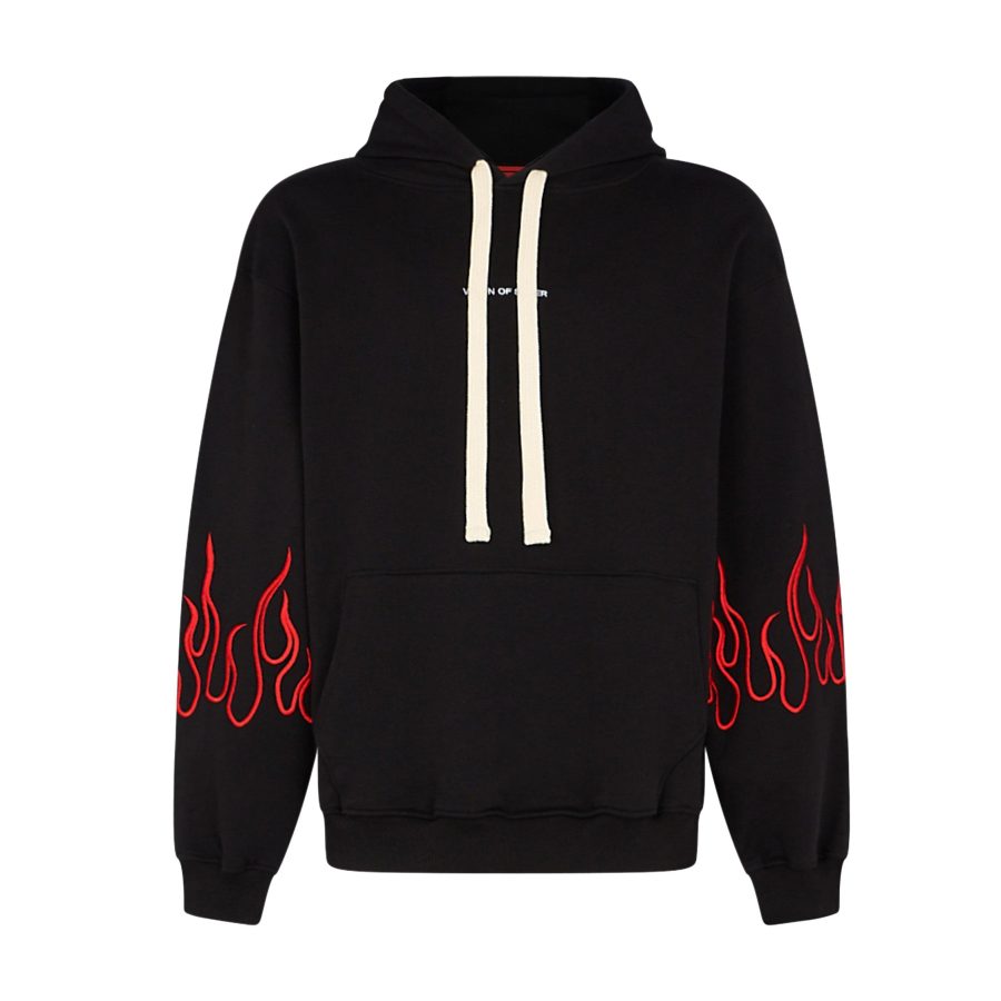 Men's Lightweight Hooded Sweatshirt Embroidery Flames Hoodie Black/red