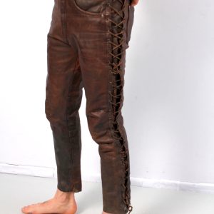 Men's brown cowhide Leather laced Pants Designer Slim Fit Black Skinny Trouser