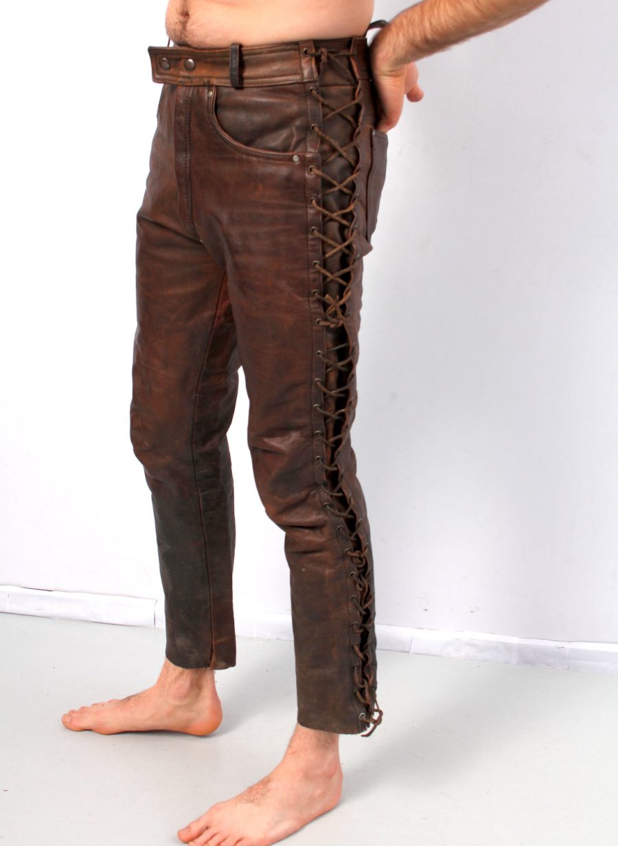 Men's brown cowhide Leather laced Pants Designer Slim Fit Black Skinny Trouser