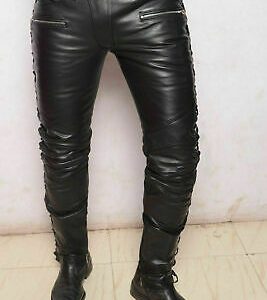 Men's cowhide Leather laced Pants Designer Slim Fit Black Skinny Trouser