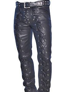 Men's cowhide Vintage Leather lace Pant Designer Slim Fit Black Skinny Trouser