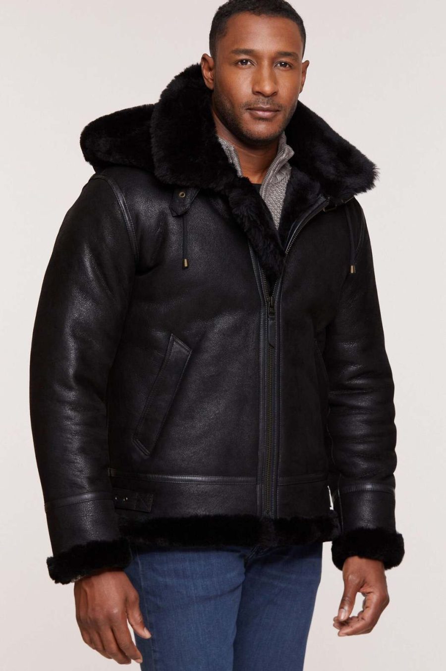 Men's shearling Real Sheepskin B3 Men's RAF Flight Real Leather HOODEDJacket