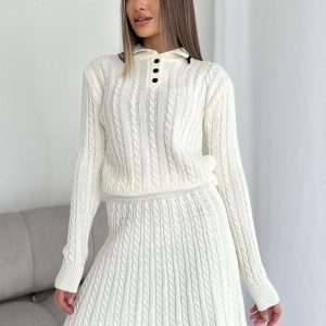 Milanoo Ensemble de jupe blanche en polyester à boutons de couleur unie pour soirée décontractée