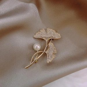 Mushroom Rhinestone Gold-Toned Brooch With Synthetic Pearl