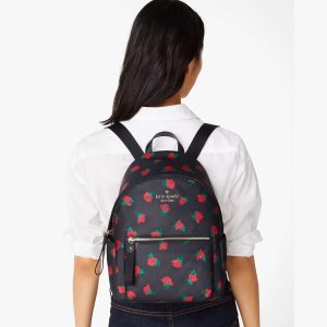 NWB Kate Spade Chelsea Medium Black Nylon Backpack Rose Toss KE435 $299 Gift Bag