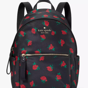 NWB Kate Spade Chelsea Medium Black Nylon Backpack Rose Toss KE435 Gift Bag FS