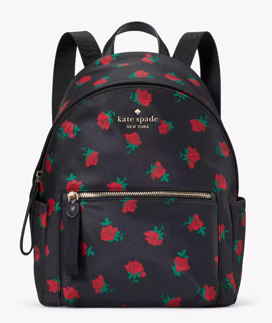 NWB Kate Spade Chelsea Medium Black Nylon Backpack Rose Toss KE435 Gift Bag FS