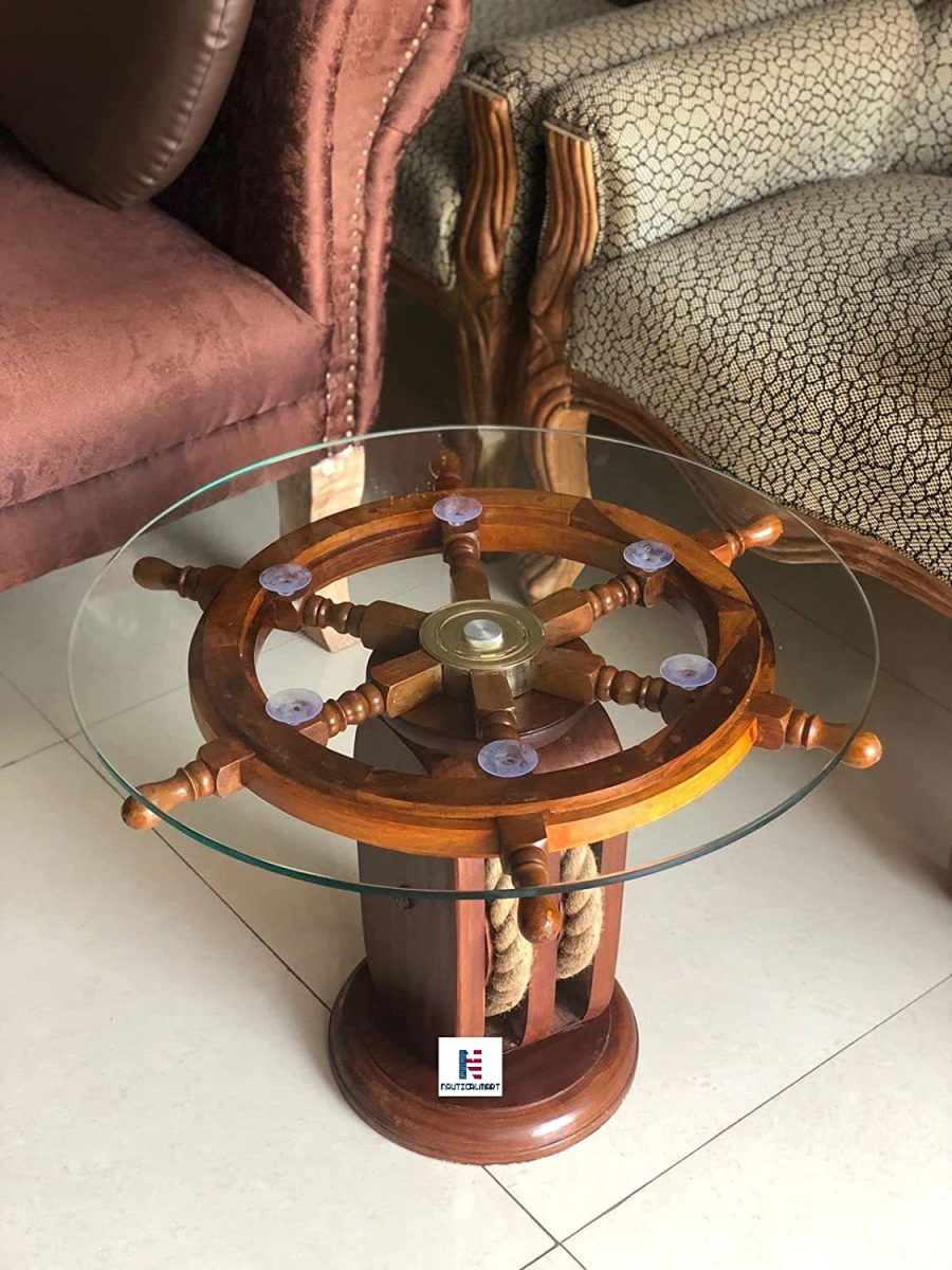 Nautical Marine Ship Wheel Table W/Wooden Base Home Office Furniture Decor