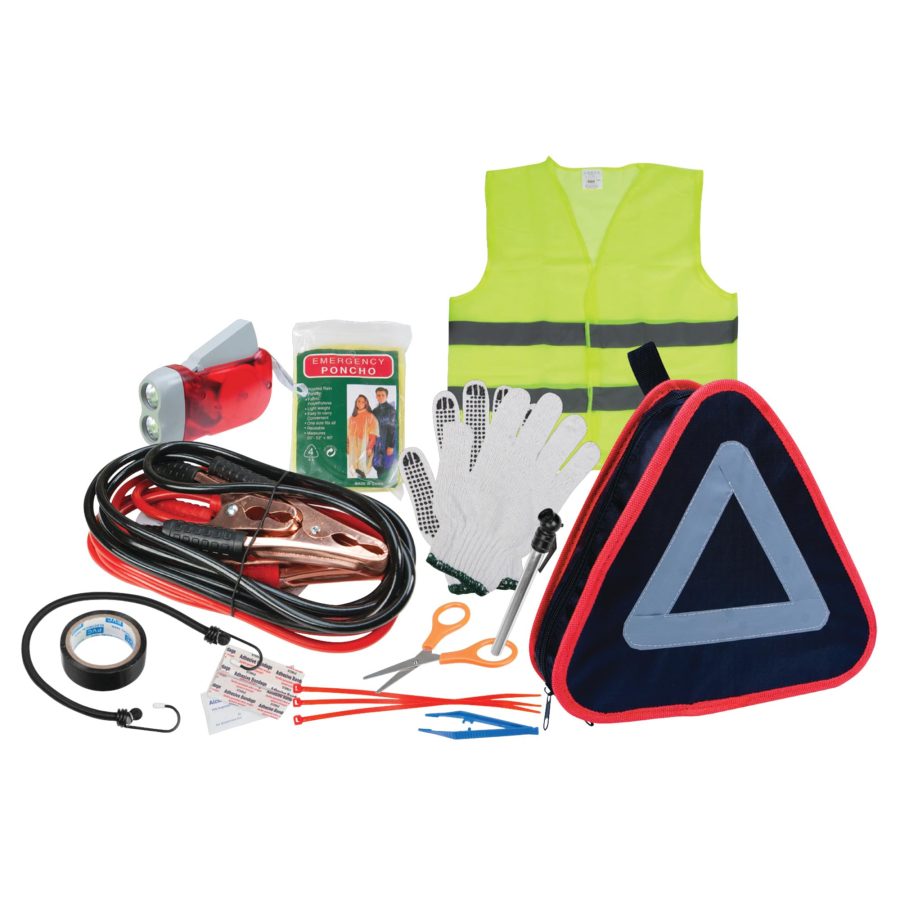 PERFORM TOOL W1557 Roadside Assistance Kit with Jumper Cables, Reflective Triangle, Flashlight, Safety Vest, and More, in Zippered Storage Case