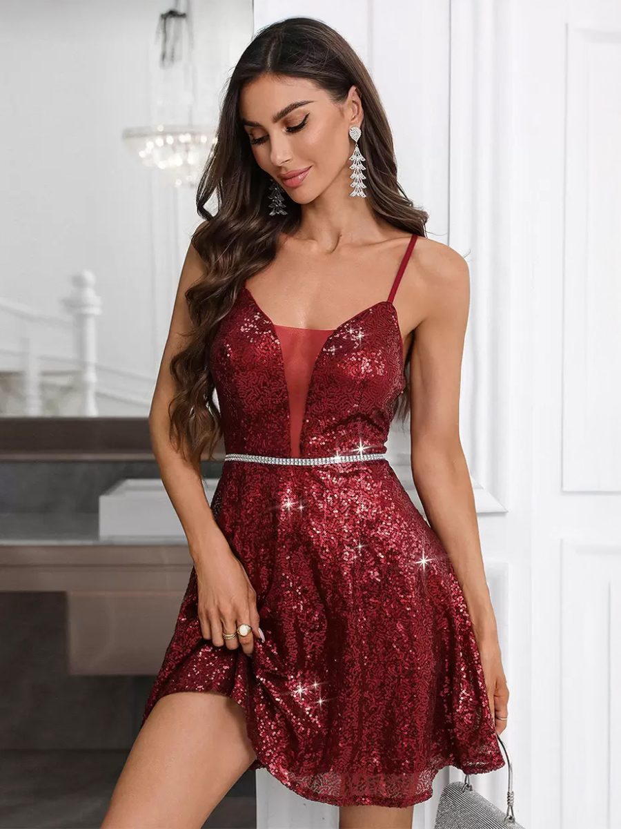 Party Dresses Burgundy Straps Neck Sequins Sleeveless Sheer Semi Formal Dress