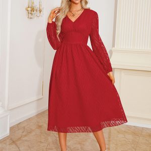 Party Dresses Red V-Neck Long Sleeves Semi Formal Dress