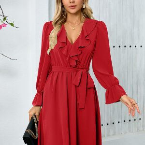 Party Dresses Red V-Neck Ruffles Long Sleeves Semi Formal Dress