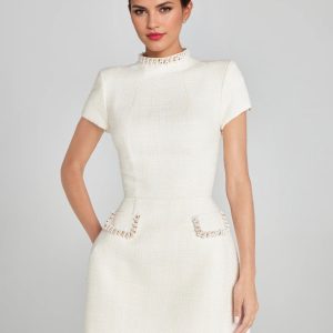 Party Dresses White High Collar Studded Short Sleeves Semi Formal Dress