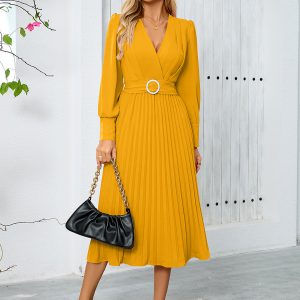 Party Dresses Yellow V-Neck Long Sleeves Semi Formal Dress