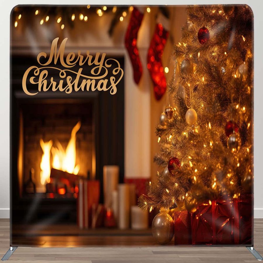 Pine Gifts Fireplace Christmas Tension Fabric Backdrop - Aperturee