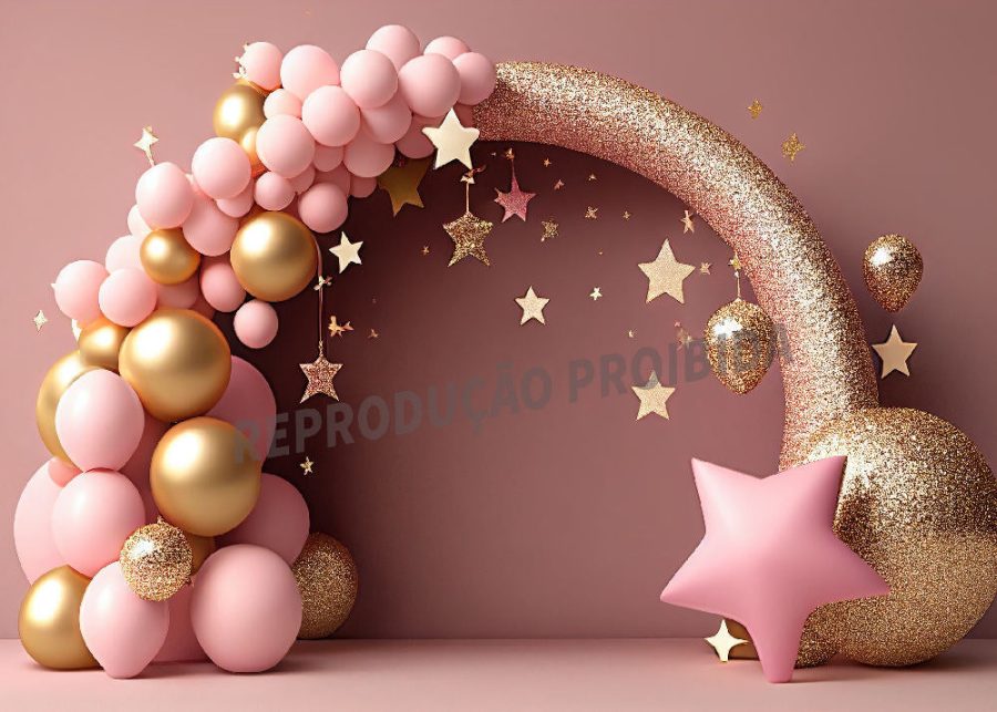 Pink Balloon Gold Glitter Stars Cake Smash Backdrop - Aperturee