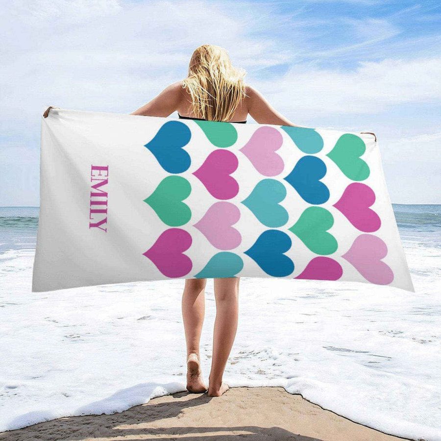 Pink Green Blue Heart Personalized Name Beach Towel - Aperturee